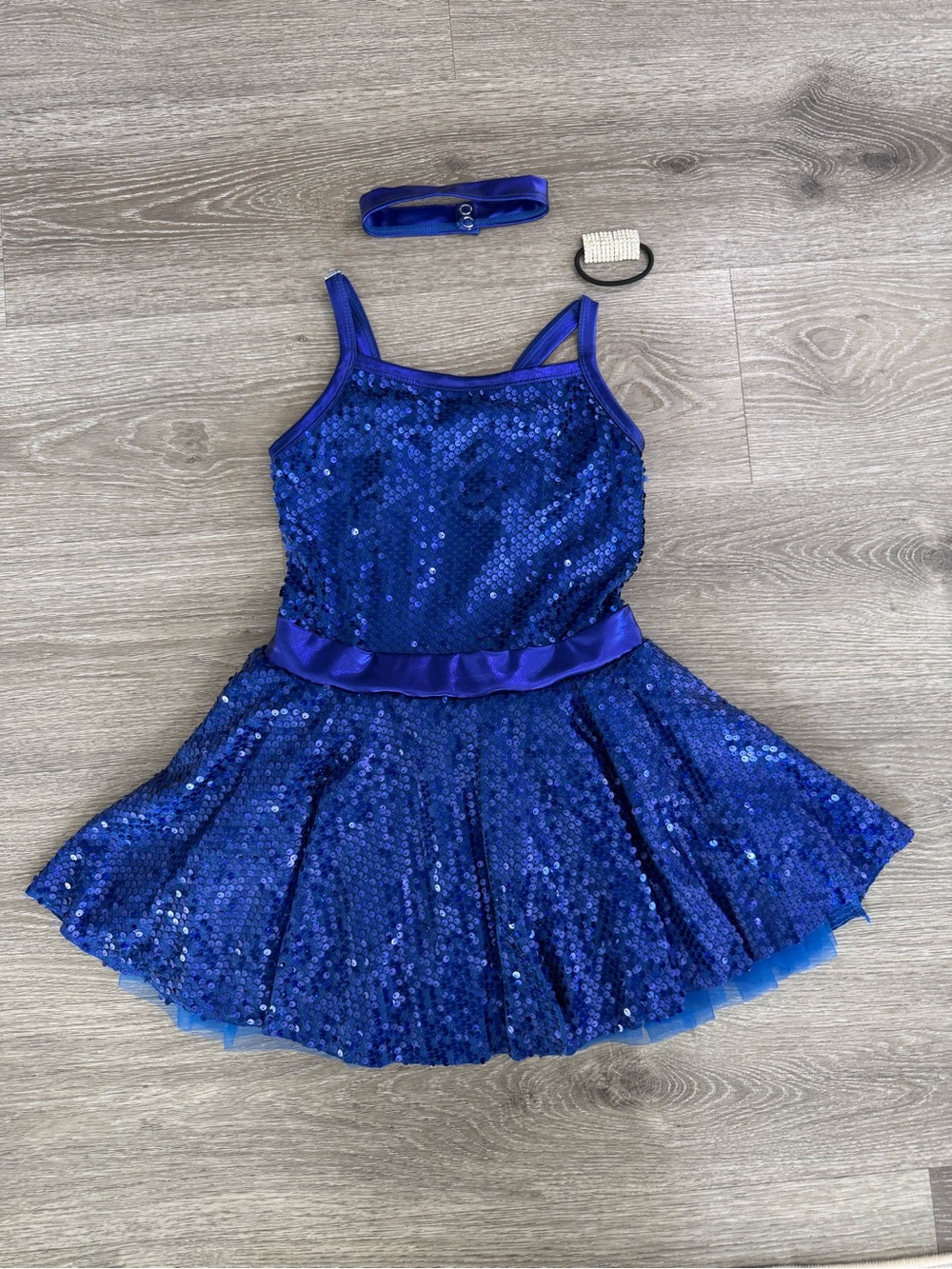 Girls Royal Blue Sequin Dance Costume with Satin Waistband